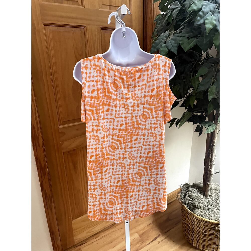 JM Collection Cold Shoulder Tunic, Orange Pattern, Size L - Picture 2 of 5